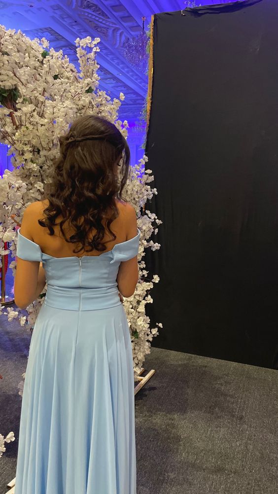 Simple A line Light Sky Blue Slit Long Prom Dress P1636