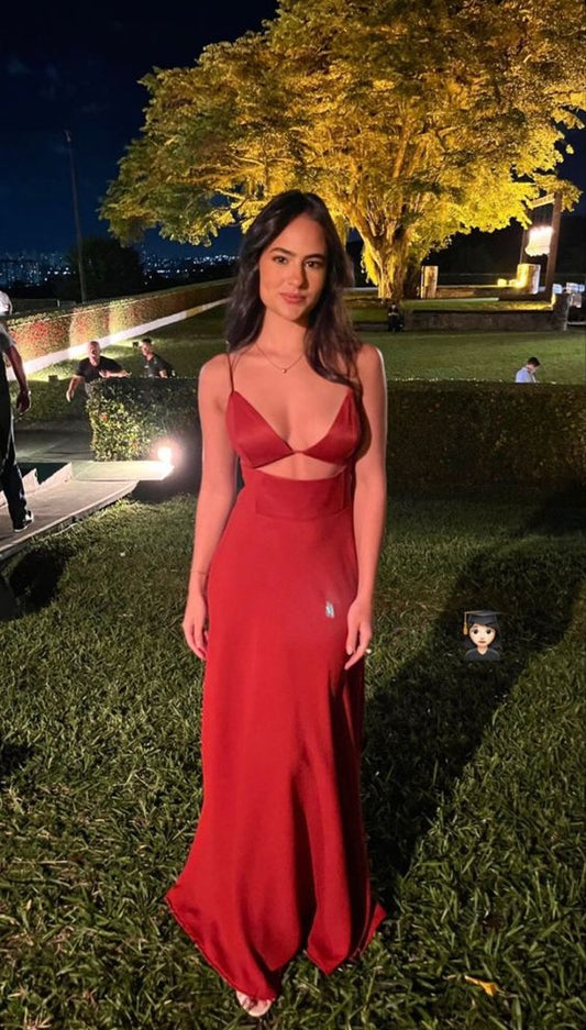 Simple A line Spaghetti Straps Red Long Prom Dress P1657