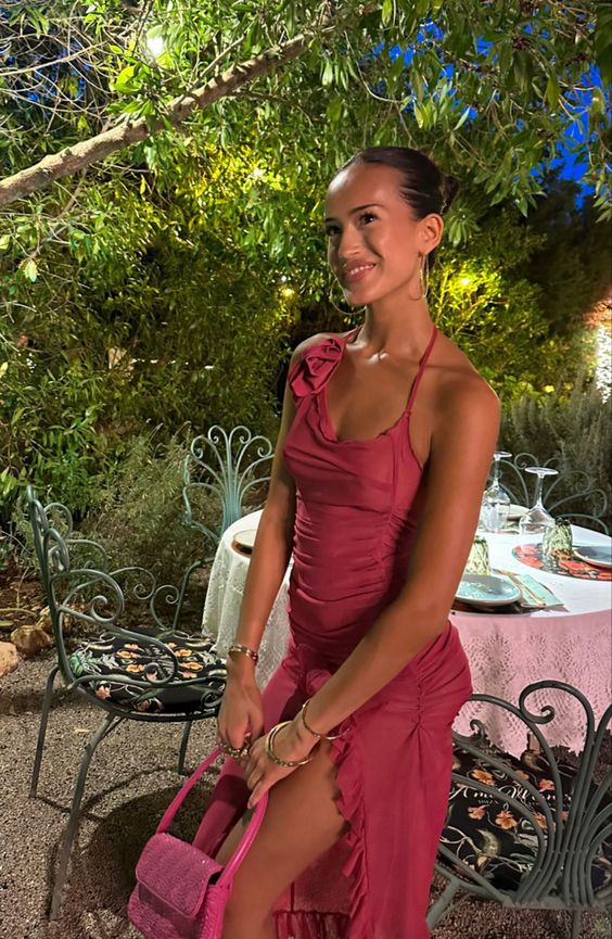 Sexy A line Straps Ruffles Floor Length Chiffon Pink Slit Prom Dress 1694