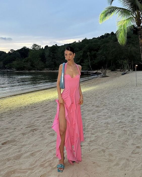 Sexy A line Halter Ruffles Floor Length Chiffon Pink Slit Prom Dress 1695