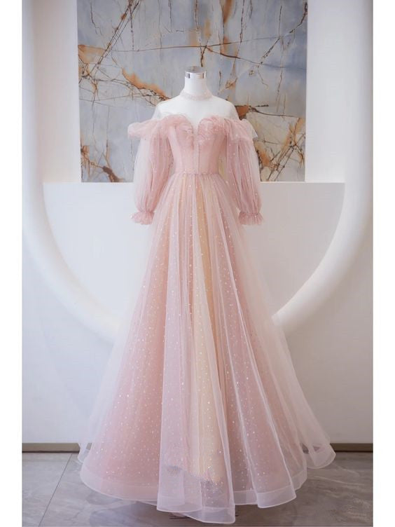 Simple A line Long Sleeves Pink Tulle Long Prom Dress P1725