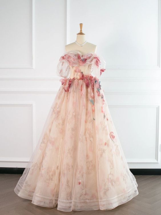 Ball Gown Pink Tulle Floral Prom Dress P1726