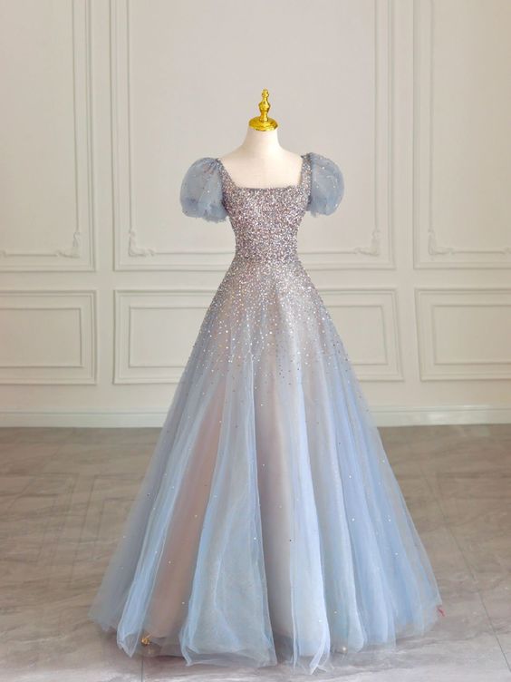 Fairy A line Square Neckline Tulle Long Blue Prom Dress P1743