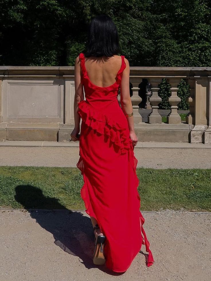 Sexy Red Chiffon Prom Dress Long Ruffle Party Dress P1748