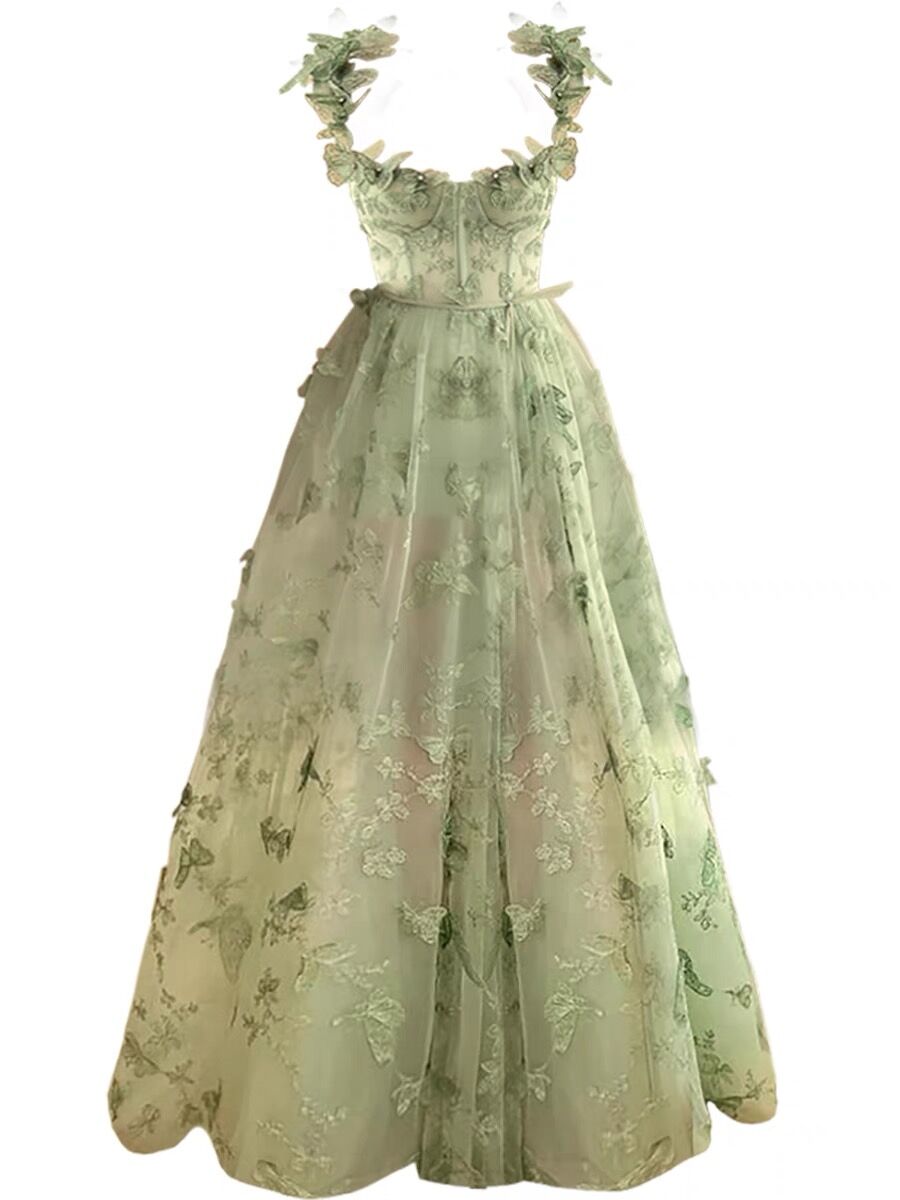 A line Green Corset Long Tulle Prom Dress With 3D Butterflies P1843
