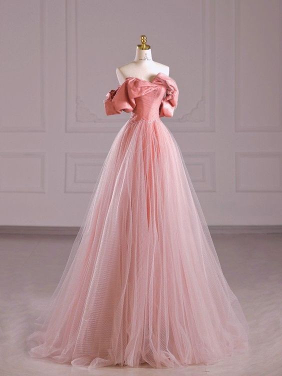 Fairy A Line Off The Shoulder Pink Tulle Prom Dresses For Teens P1930