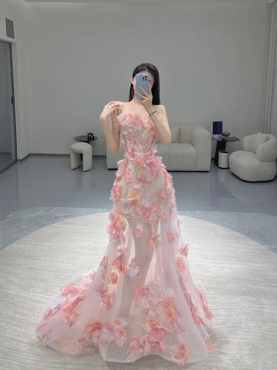 Fairy Ball Gown Strapless Pink Floral Prom Dresses Long Evening Dress P1941
