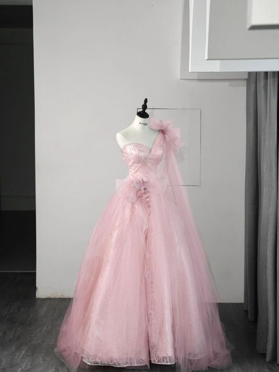 Ball Gown One Shoulder Pink Tulle Prom Dresses Evening Dress P2031