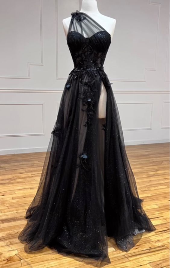 One Shoulder Black Lace Floral Long Prom Dresses with High Slit 21th Birthday Outfits P2187