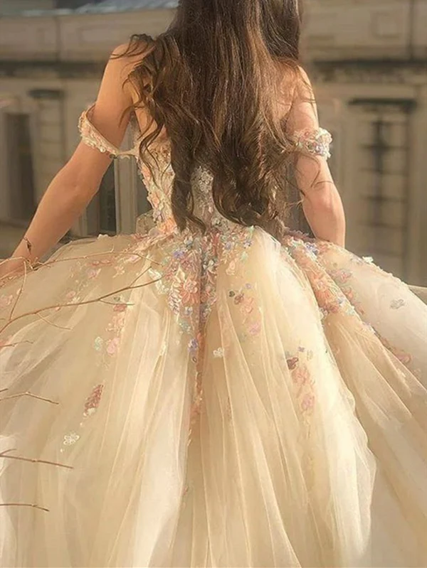 Off the Shoulder Champagne Lace Floral Long Prom Dresses Birthday Outfits P2195