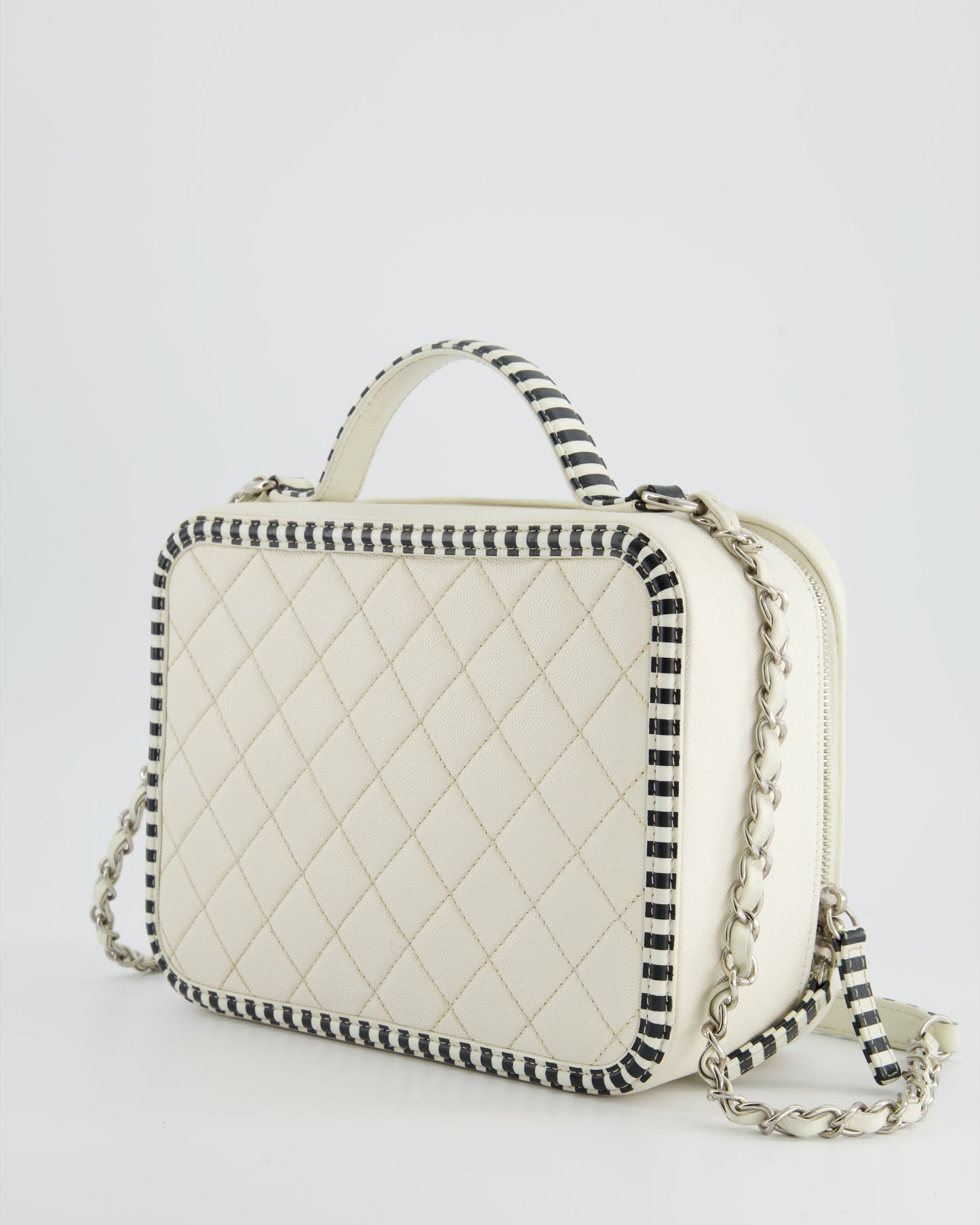 *HOT* Chanel White Caviar Vanity Case with Zebra Motif CC Logo and Silver Hardware