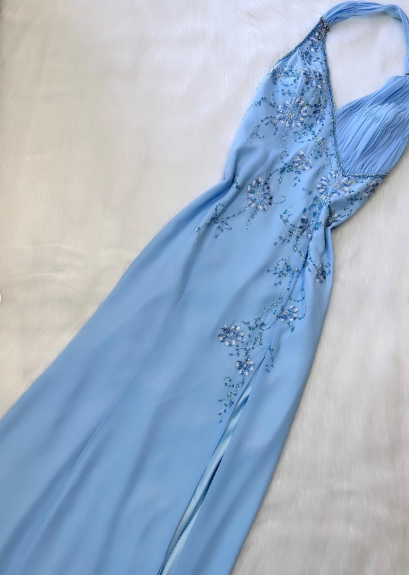 Pretty A Line Halter Blue Slit Chiffon Prom Dresses Long Evening Gowns P2319