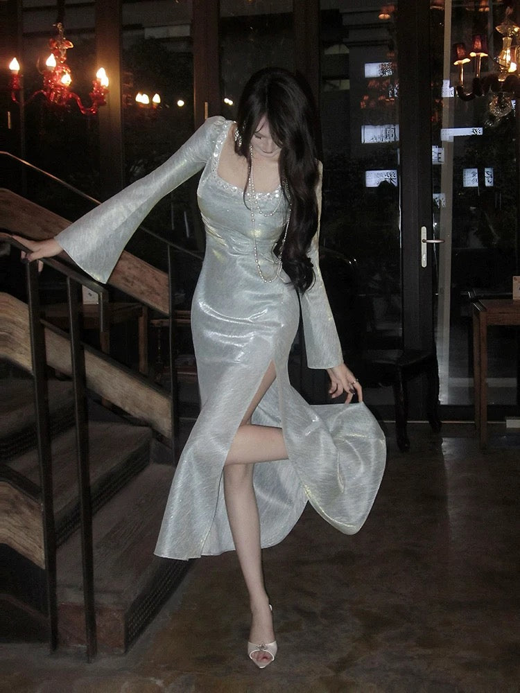 Classy Mermaid Square Neckline Long Sleeves Slit Prom Dresses Evening Gowns P2344