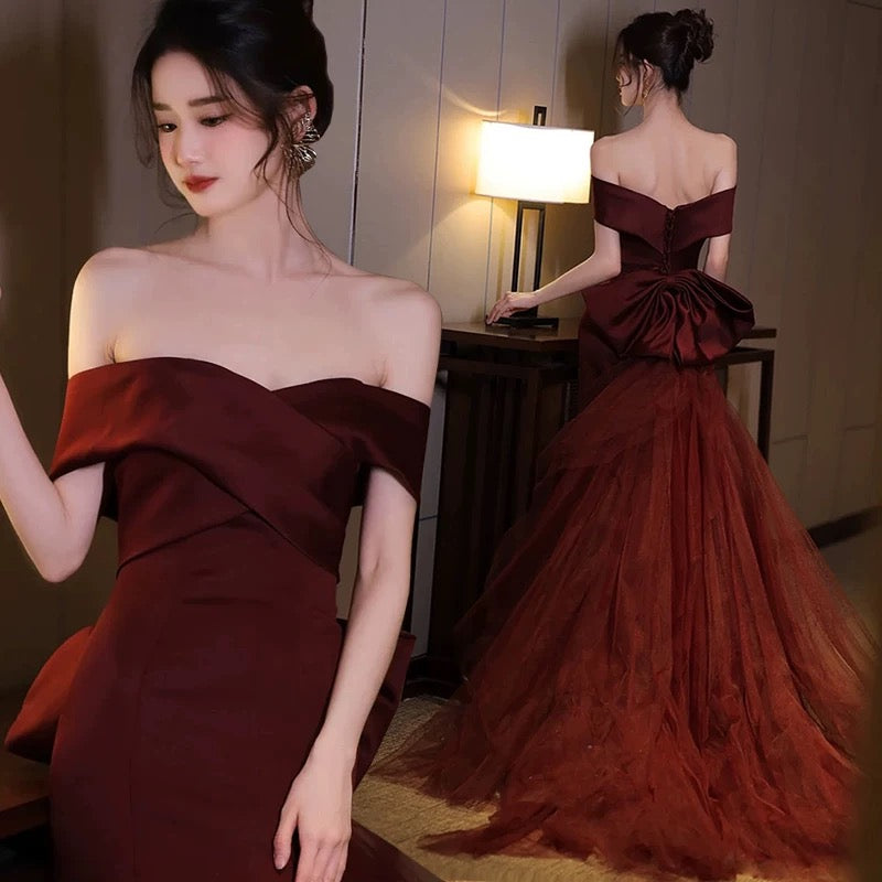 Sexy Mermaid Off The Shoulder Burgundy Tulle Floor Length Floral Prom Dresses P2396
