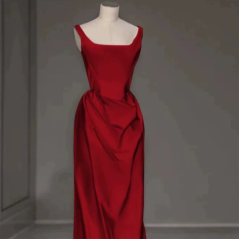 Sexy Mermaid Square Neckline Red Satin Floor Length Prom Dresses P2402