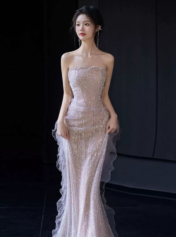 Sexy Mermaid Strapless Neckline Sequin Long Floor Length Pearls Prom Dresses P2403
