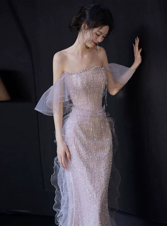Sexy Mermaid Strapless Neckline Sequin Long Floor Length Pearls Prom Dresses P2403