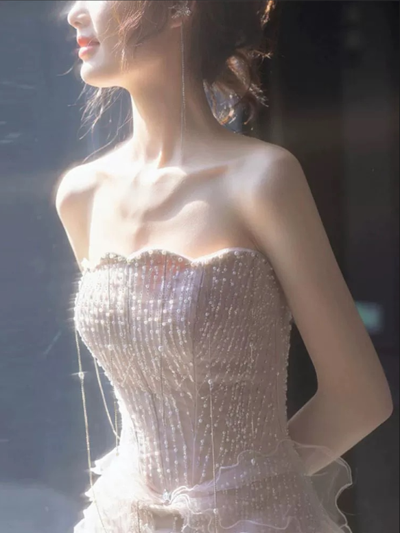 Sexy Mermaid Strapless Neckline Sequin Long Floor Length Pearls Prom Dresses P2403