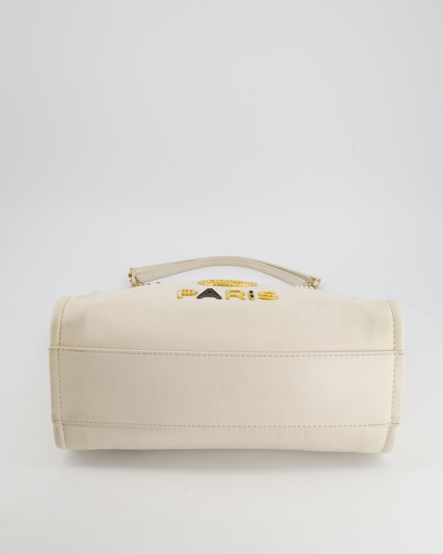 *HOT* Chanel White Small Deauville Tote Bag in Aged Calfskin Leather with Antique Gold Hardware and Pearl, Crystal Logo Detail