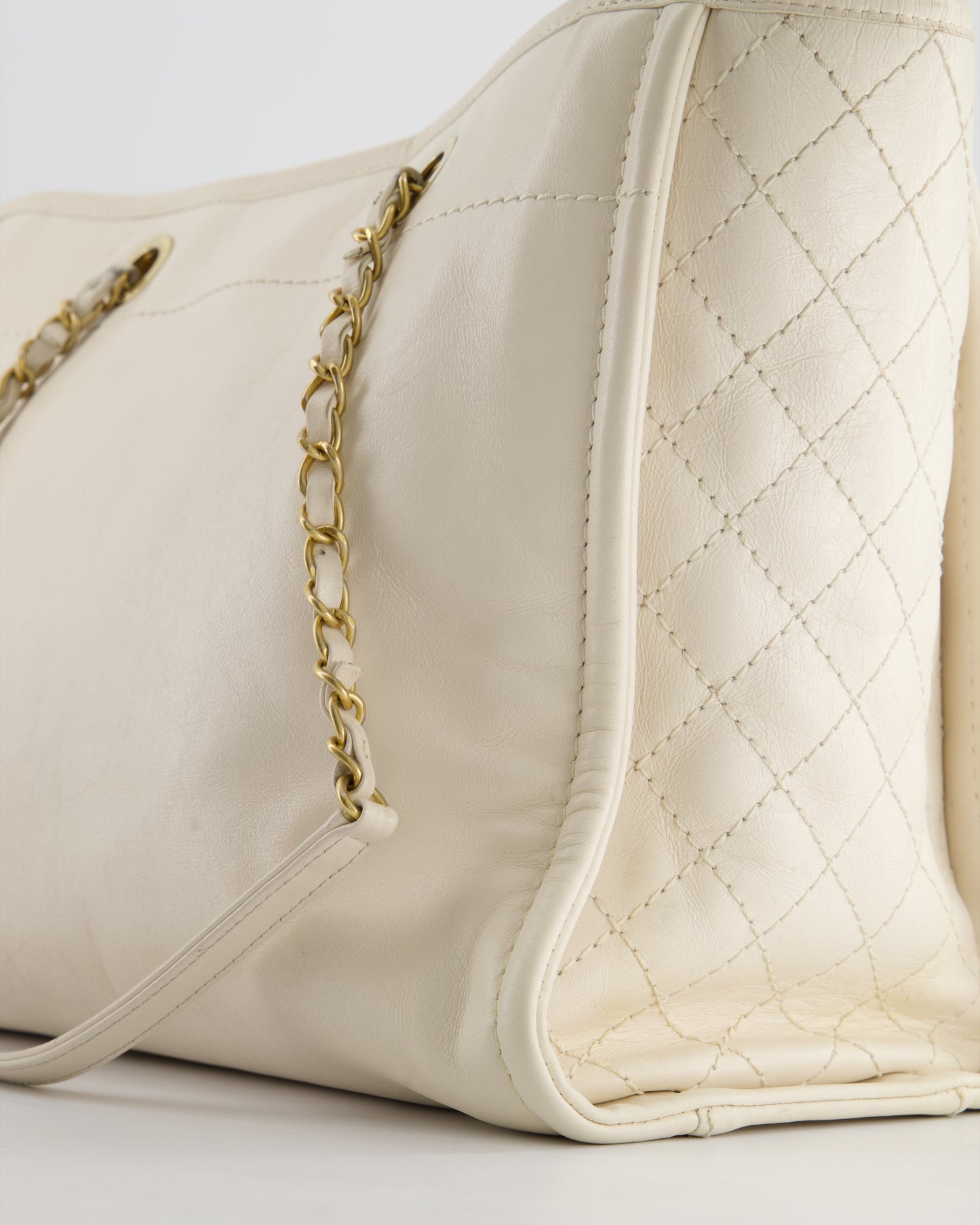 *HOT* Chanel White Small Deauville Tote Bag in Aged Calfskin Leather with Antique Gold Hardware and Pearl, Crystal Logo Detail