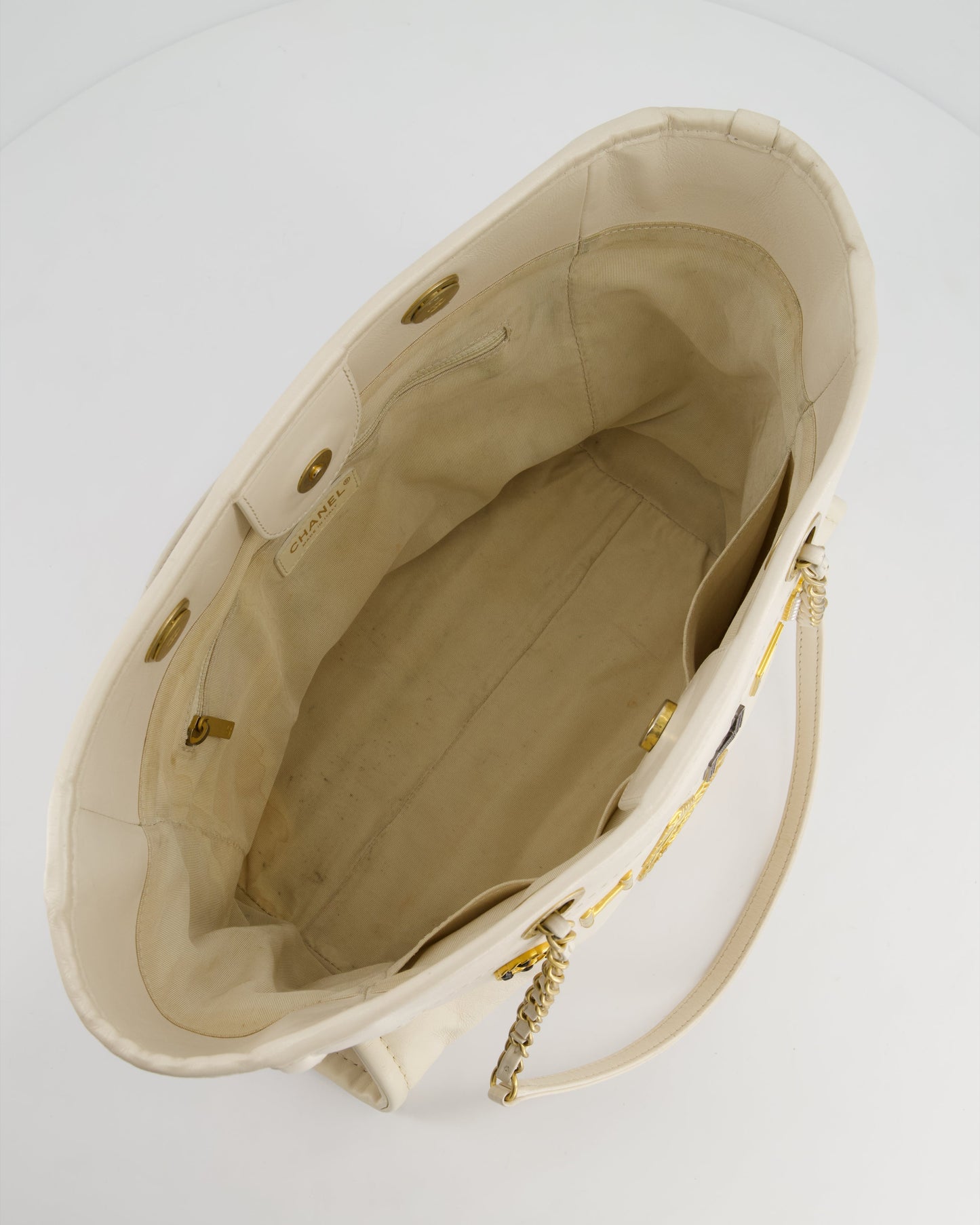 *HOT* Chanel White Small Deauville Tote Bag in Aged Calfskin Leather with Antique Gold Hardware and Pearl, Crystal Logo Detail