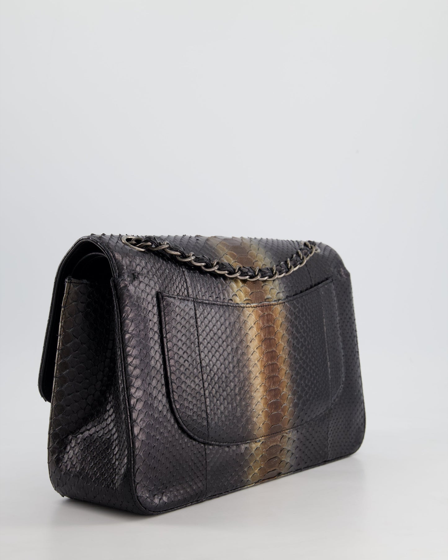 Chanel Black and Brown Python Leather Jumbo Classic Double Flap Bag with Gunmetal Hardware