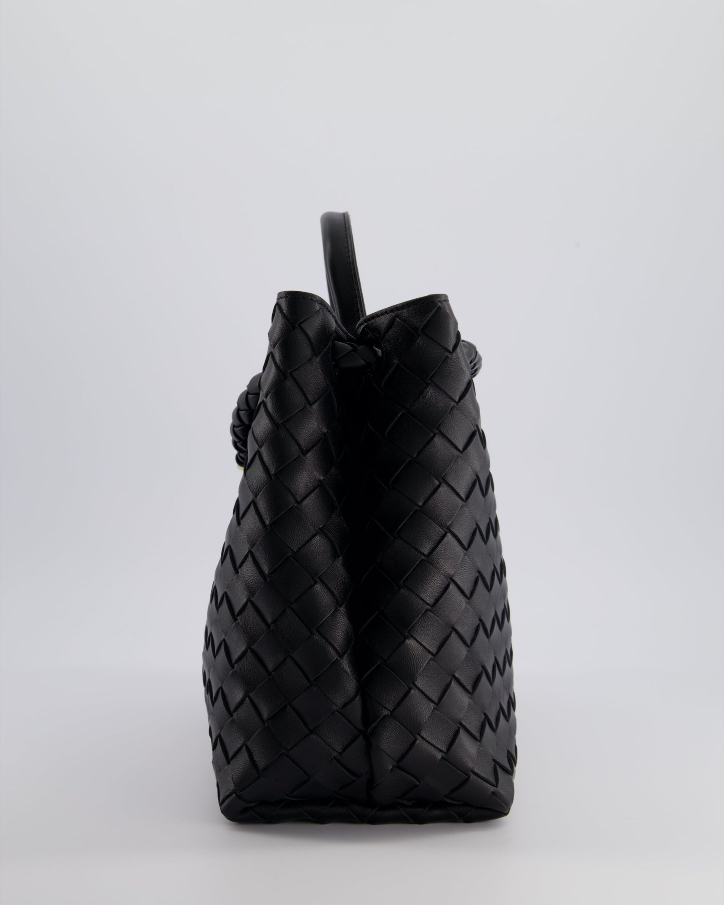 Bottega Veneta Black Andiamo Medium Intrecciato Leather Top Handle Bag with Sliding Cross-Body and Gold Knot Hardware RRP £4,030