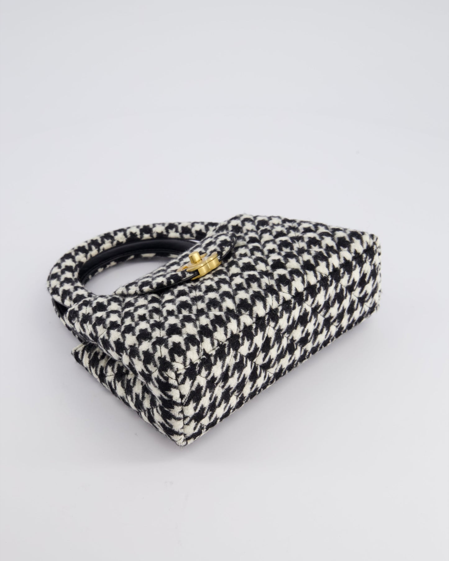 *HOT* Chanel Small Kelly Shopping Bag in Black & White Wool Houndstooth with Brushed Antique Gold Hardware