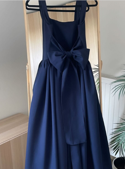 Cute A line Straps Pink Satin Tea Length Prom Dress With Bow P2416