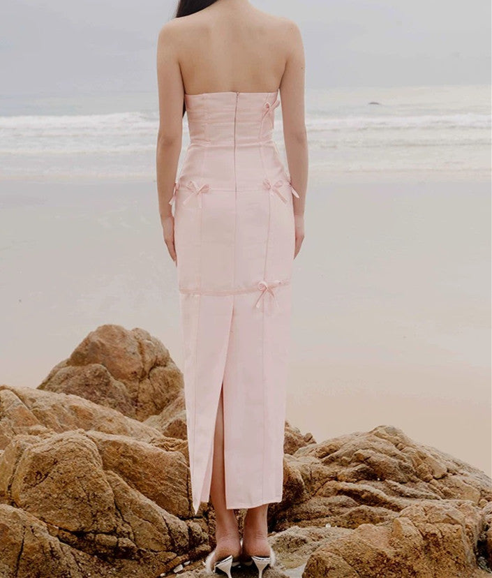 Sexy Sheath Strapless Pink Satin Long Prom Dress Birthday Outfits With Bowknot P2430