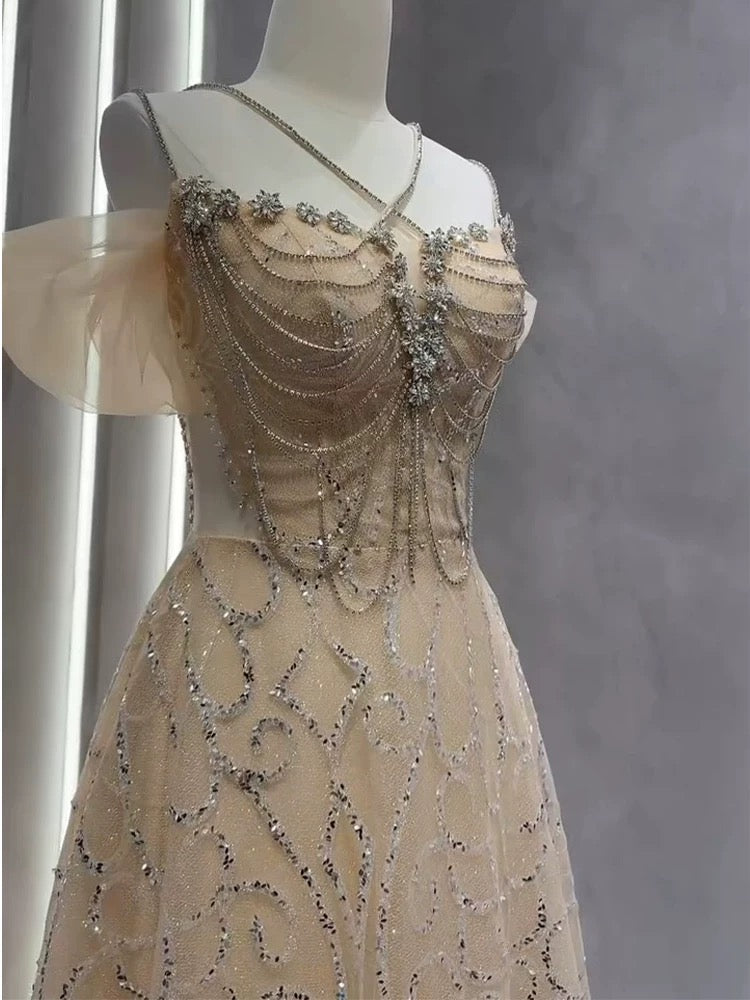 Vintage A Line Straps Champagne Tulle Long Prom Dresses Party Evening Dress P2466