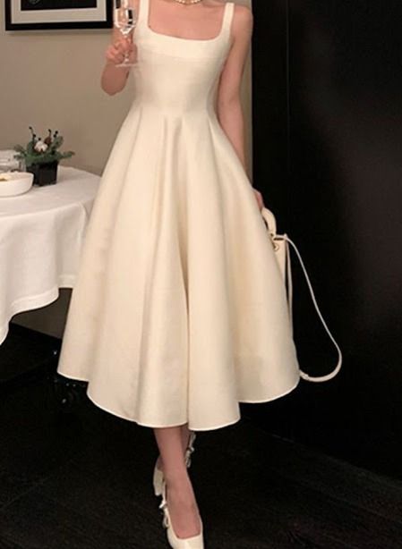Vintage A-Line Square Neckline Satin Prom Dress Long Formal Dresses P2473
