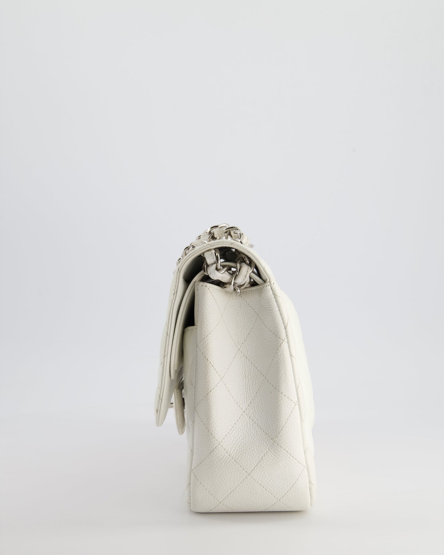 Chanel White Jumbo Classic Double Flap Bag in Caviar Leather with Silver Hardware