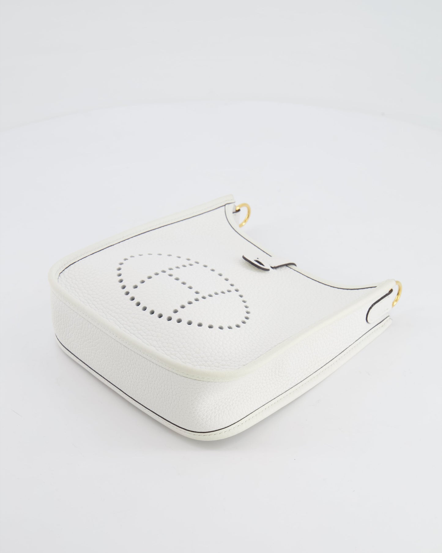 Hermès Mini Evelyne Bag in White Clemence Leather with Gold Hardware and White Canvas Strap