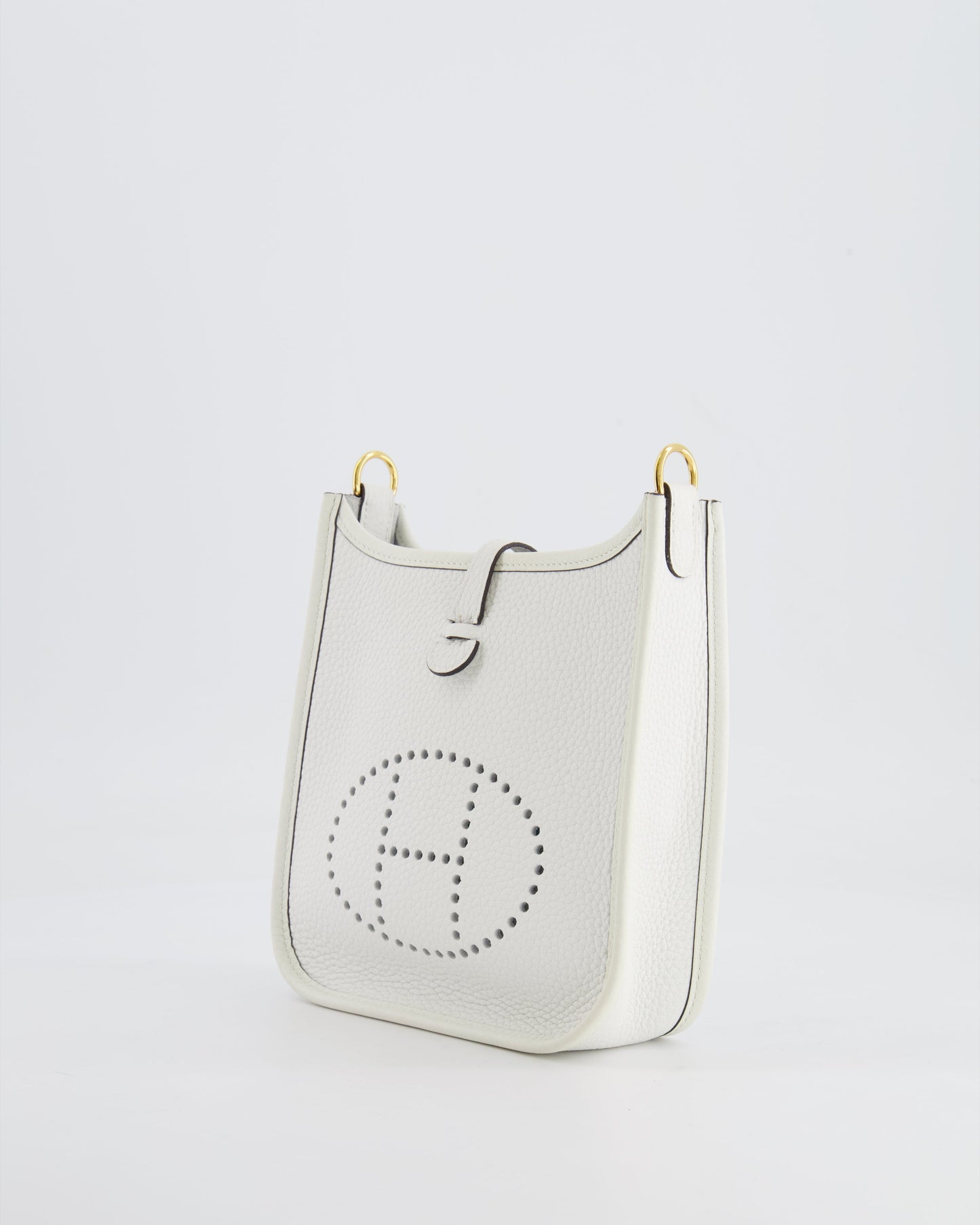 Hermès Mini Evelyne Bag in White Clemence Leather with Gold Hardware and White Canvas Strap