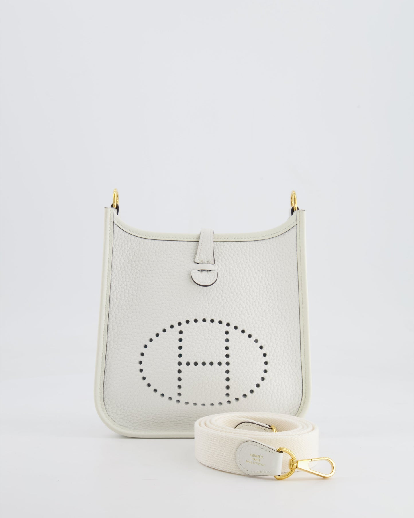 Hermès Mini Evelyne Bag in White Clemence Leather with Gold Hardware and White Canvas Strap