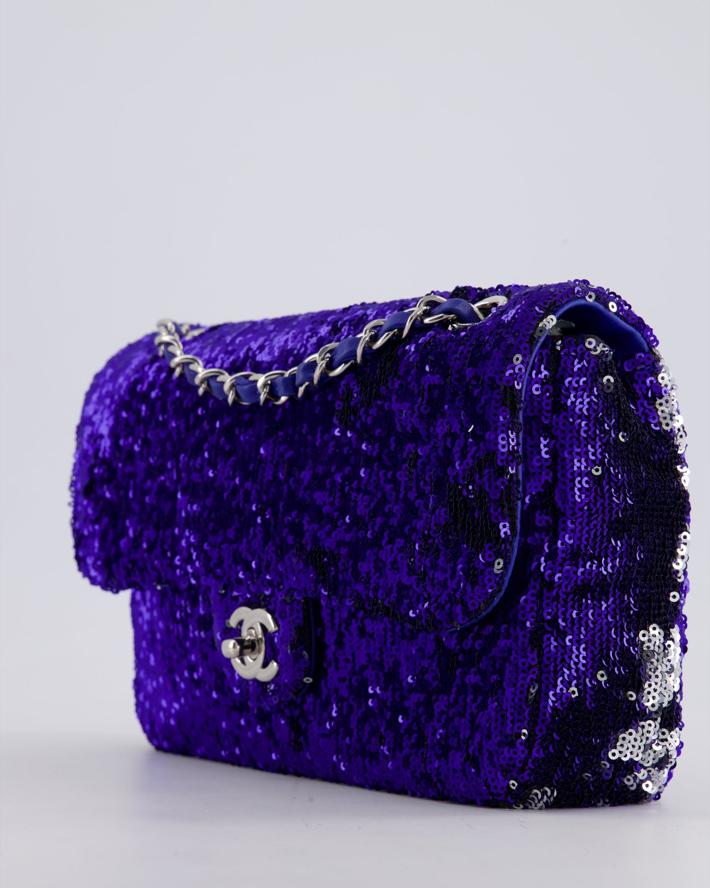 *HOT* Chanel Blue Sequin Medium Single Flap Bag with Silver Hardware