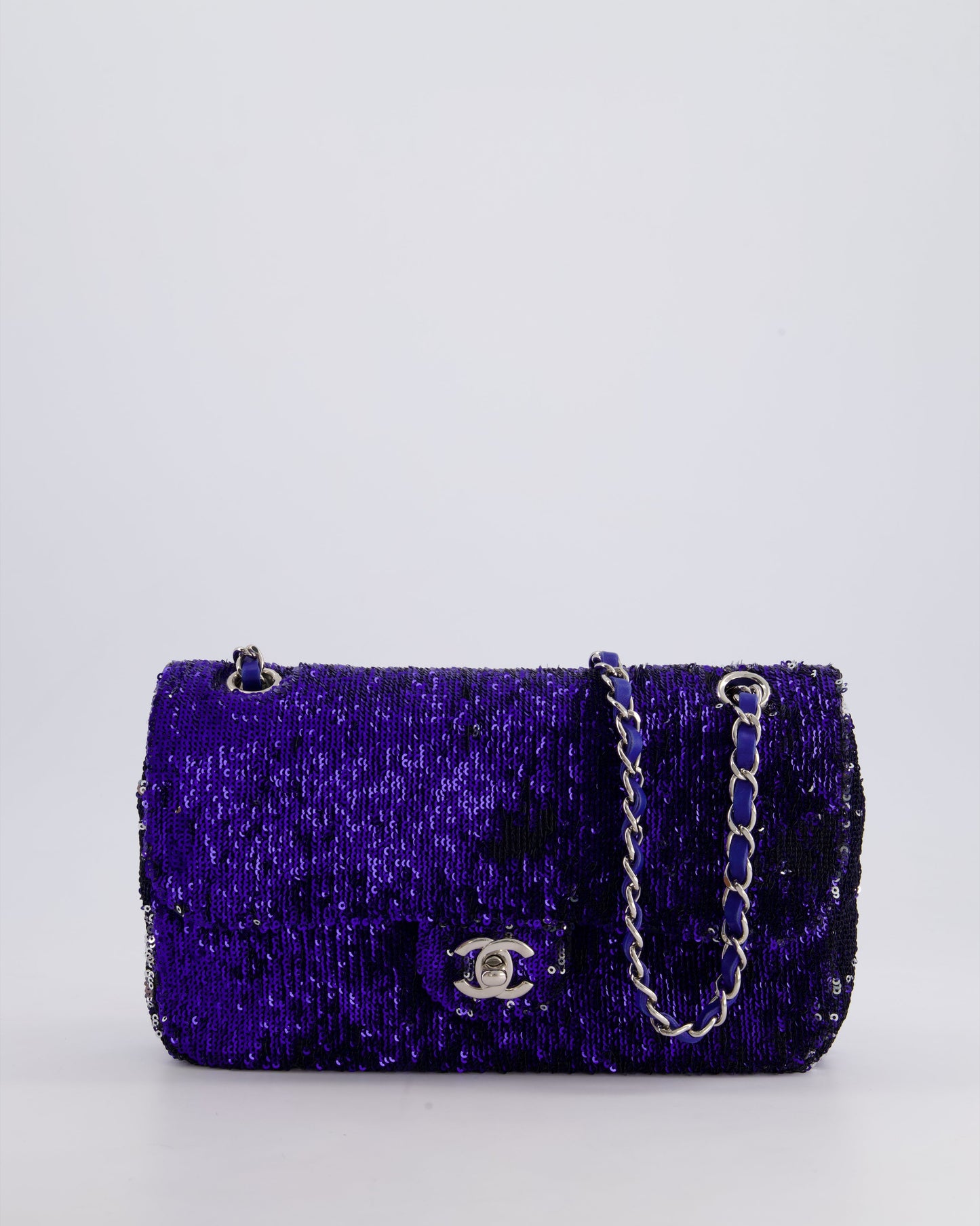 *HOT* Chanel Blue Sequin Medium Single Flap Bag with Silver Hardware