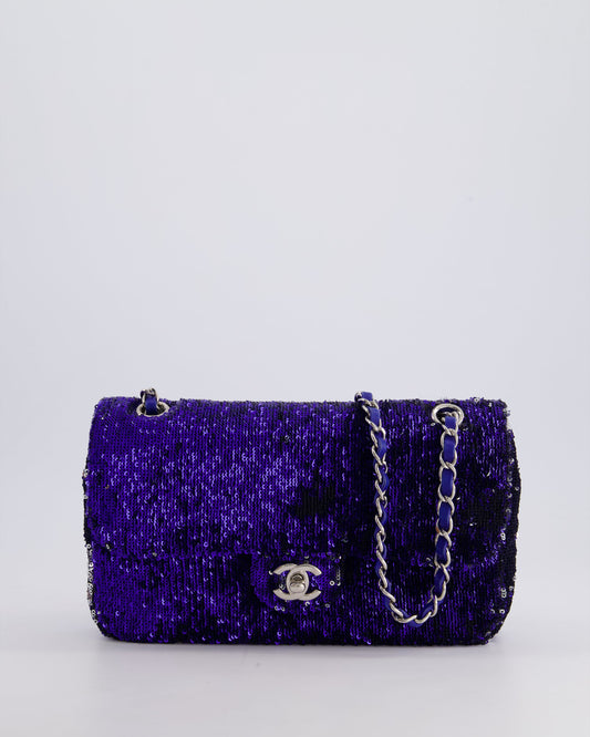 *HOT* Chanel Blue Sequin Medium Single Flap Bag with Silver Hardware