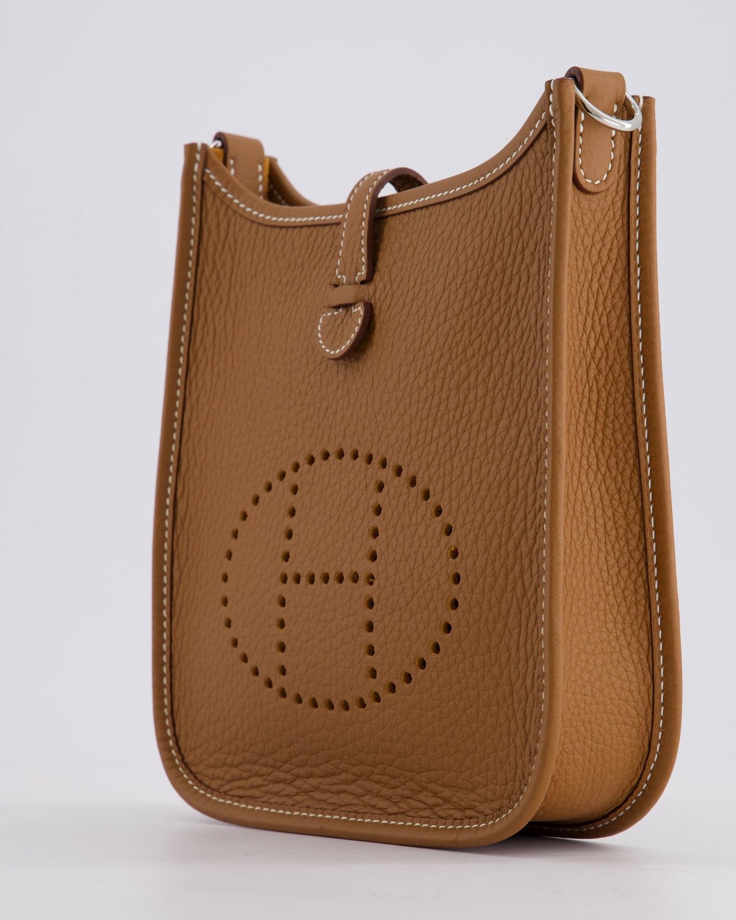 Hermès Mini Evelyne 16 Bag in Gold Clemence Leather with Palladium Hardware and Gold Sangle Strap