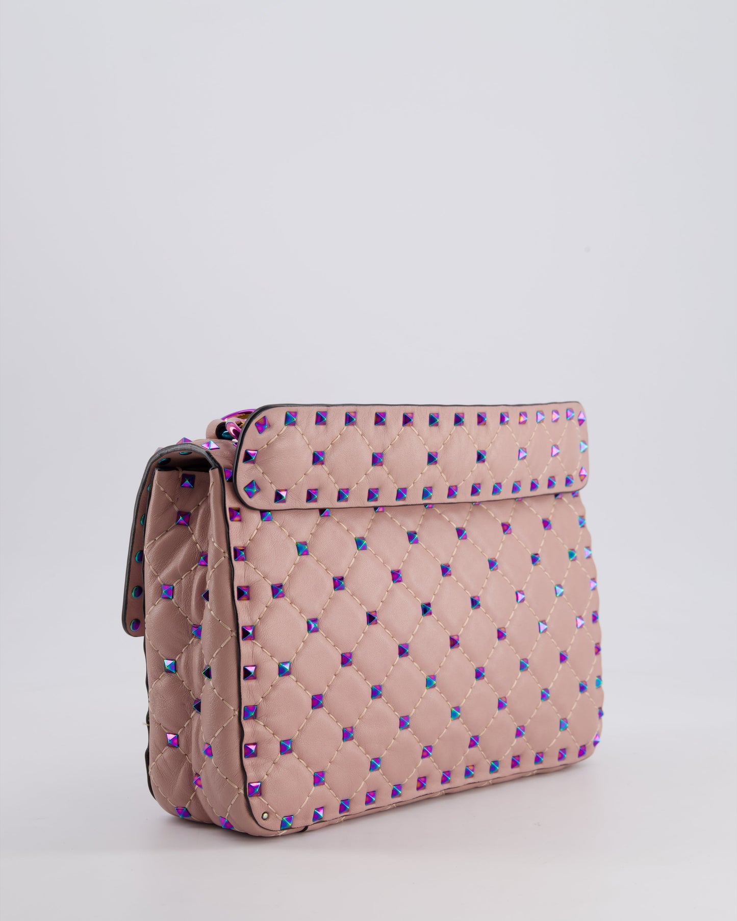 Valentino Pink Medium Rockstud Spike Top Handle Bag in Calfskin Leather with Rainbow Studs & Chain Detail RRP £2,450