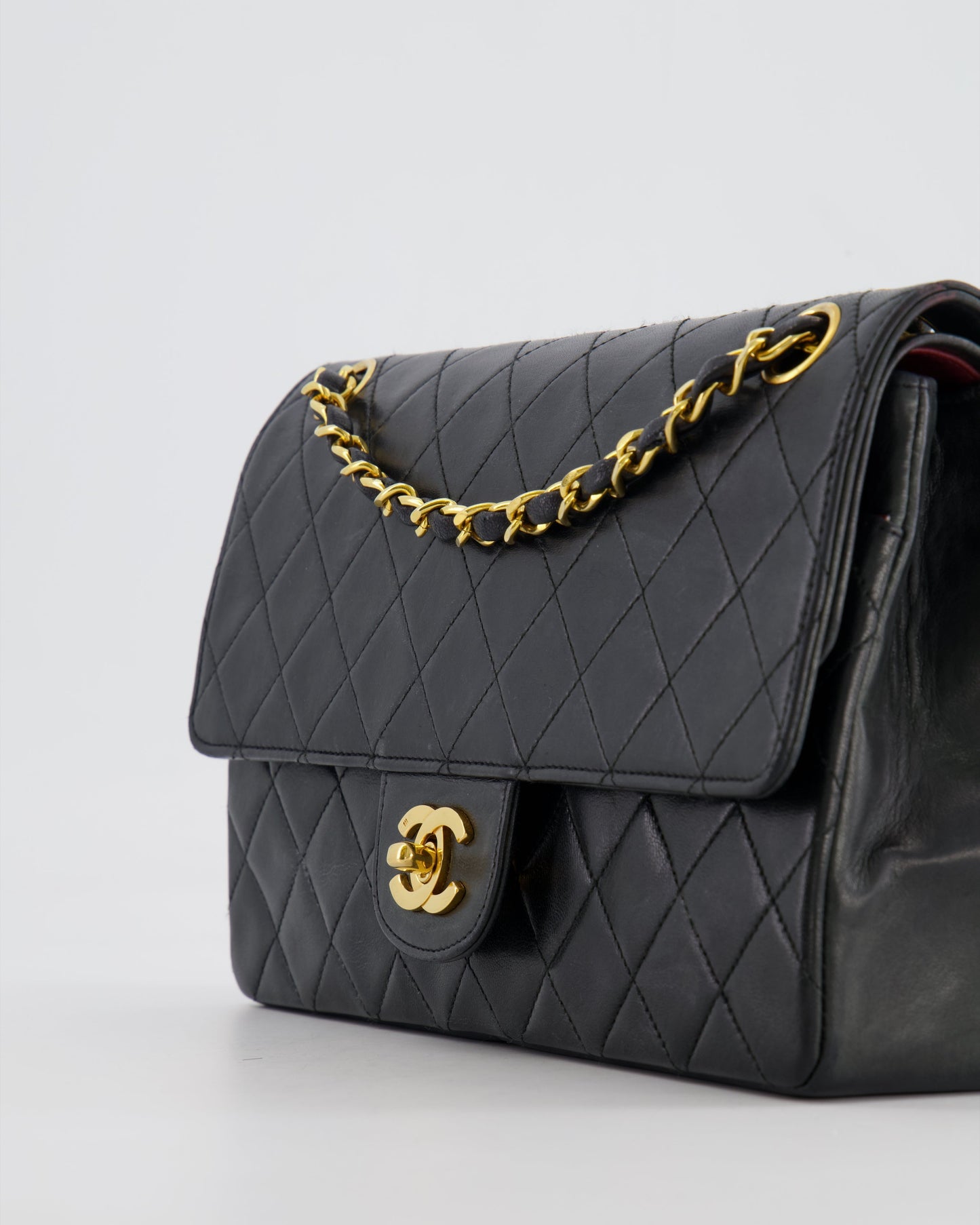Chanel Vintage Black Classic Medium Stitched Edge Double Flap Bag in Lambskin Leather with 24K Gold Hardware