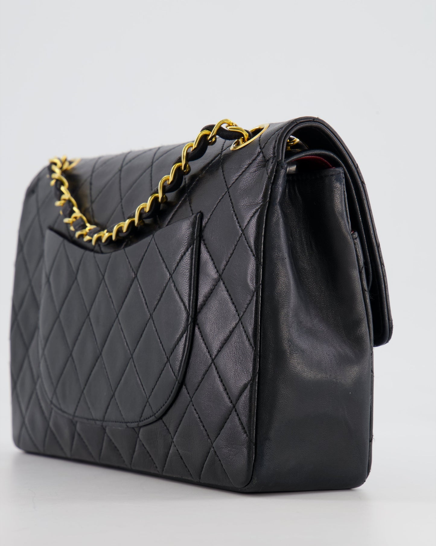 Chanel Vintage Black Classic Medium Stitched Edge Double Flap Bag in Lambskin Leather with 24K Gold Hardware
