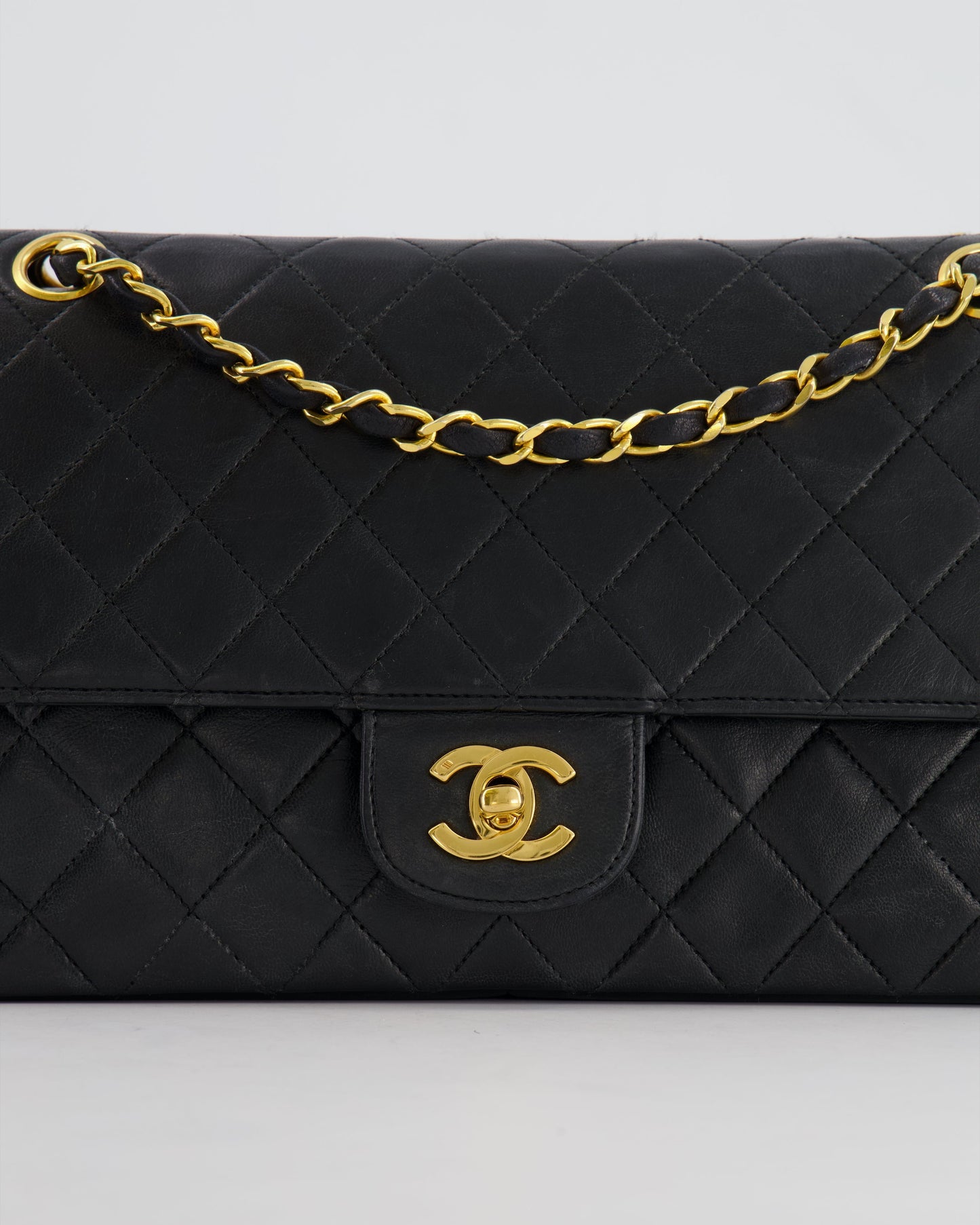 Chanel Vintage Black Classic Medium Stitched Edge Double Flap Bag in Lambskin Leather with 24K Gold Hardware
