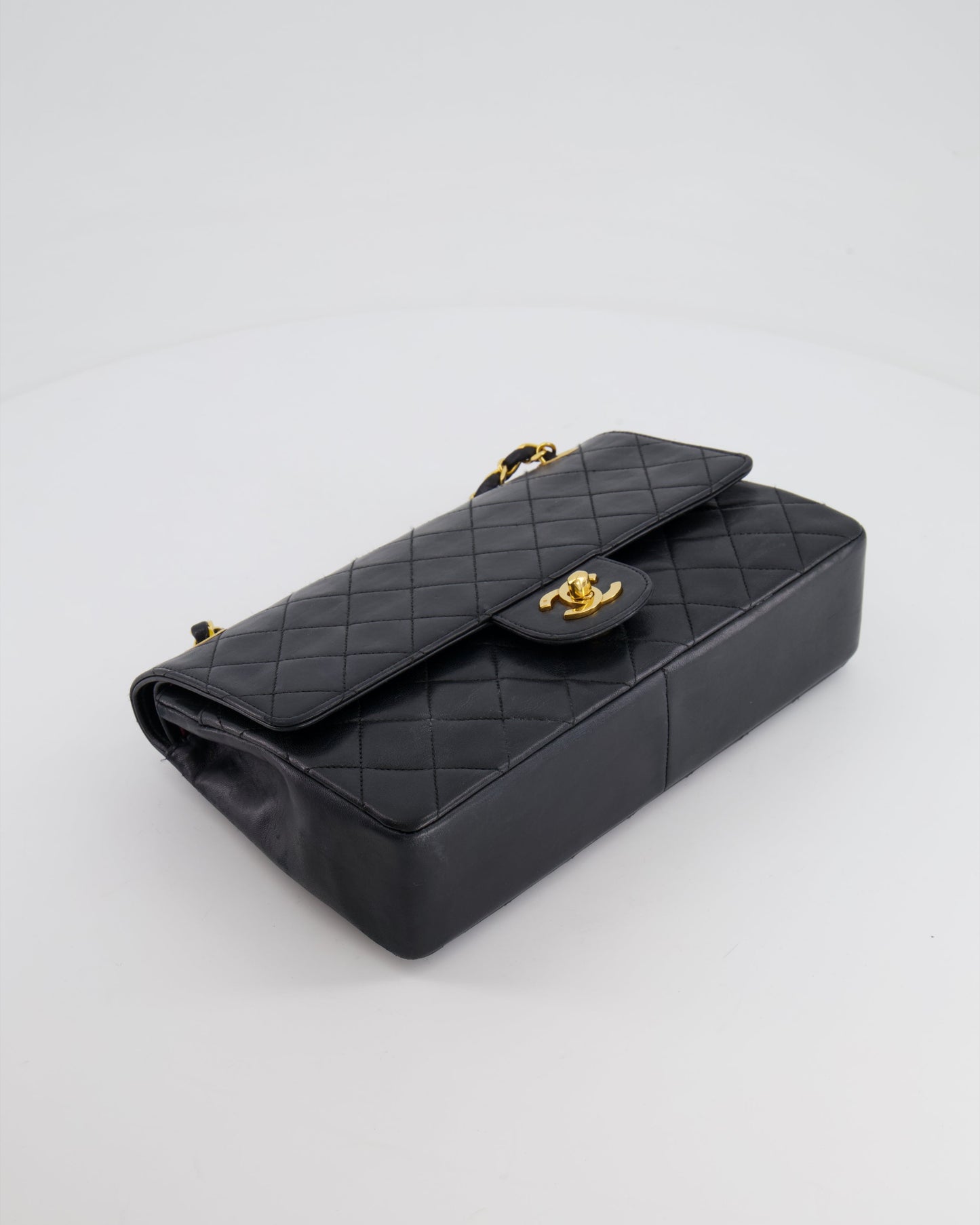 Chanel Vintage Black Classic Medium Stitched Edge Double Flap Bag in Lambskin Leather with 24K Gold Hardware