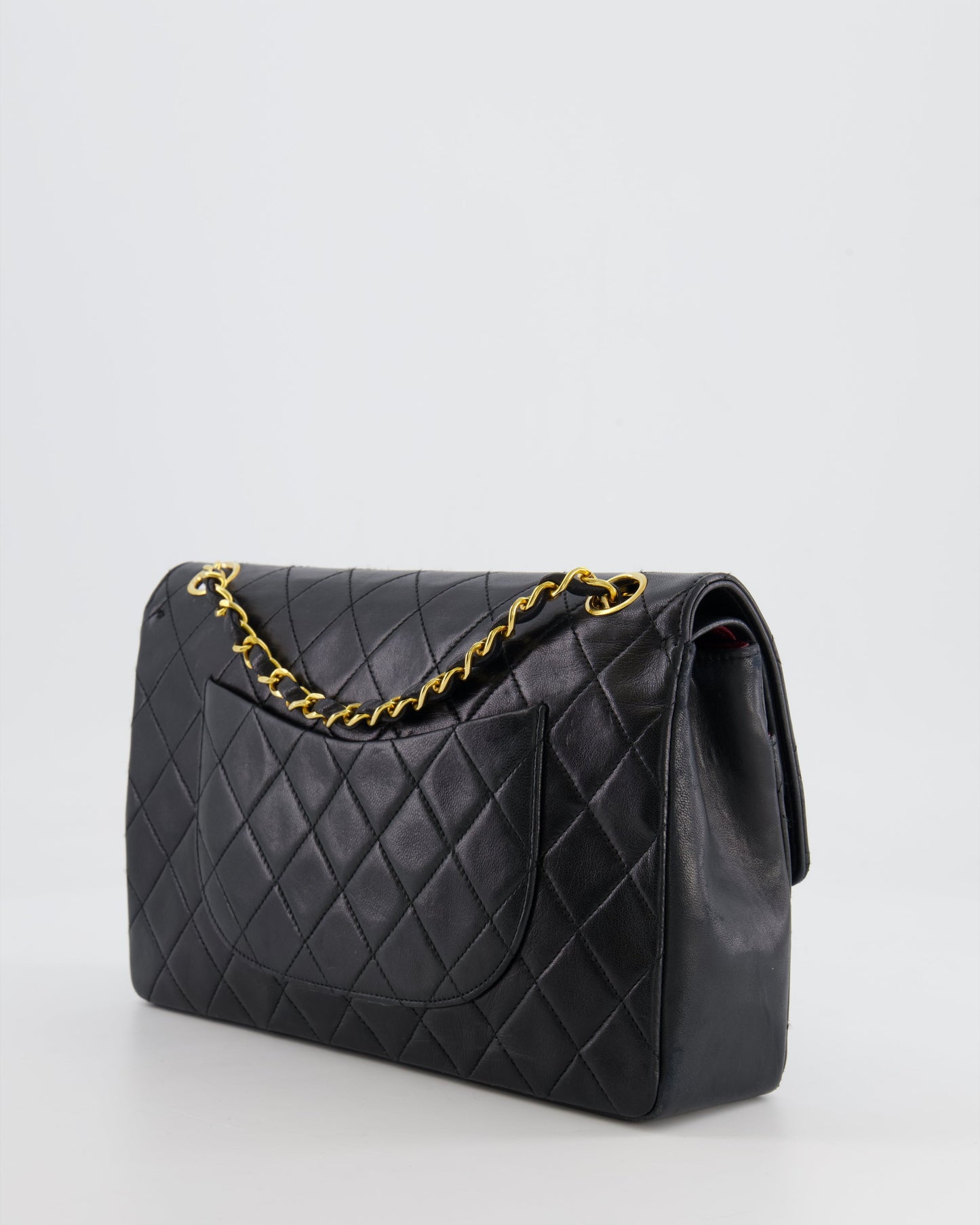 Chanel Vintage Black Classic Medium Stitched Edge Double Flap Bag in Lambskin Leather with 24K Gold Hardware