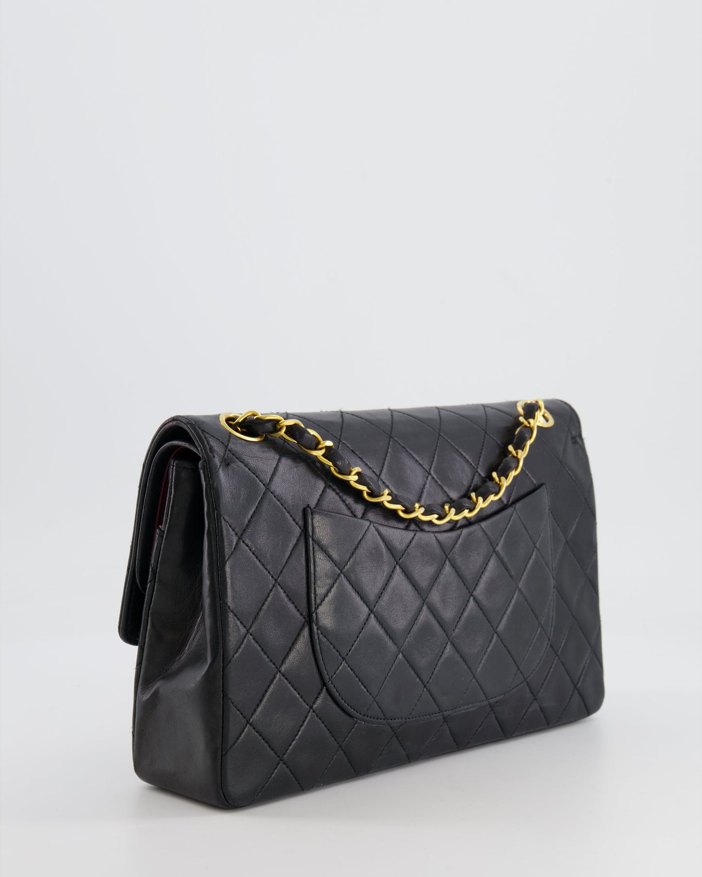 Chanel Vintage Black Classic Medium Stitched Edge Double Flap Bag in Lambskin Leather with 24K Gold Hardware