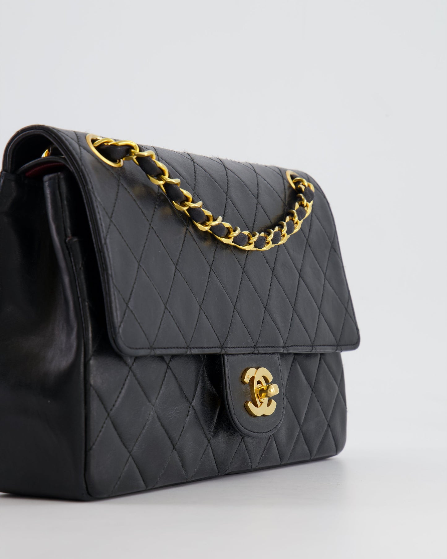 Chanel Vintage Black Classic Medium Stitched Edge Double Flap Bag in Lambskin Leather with 24K Gold Hardware