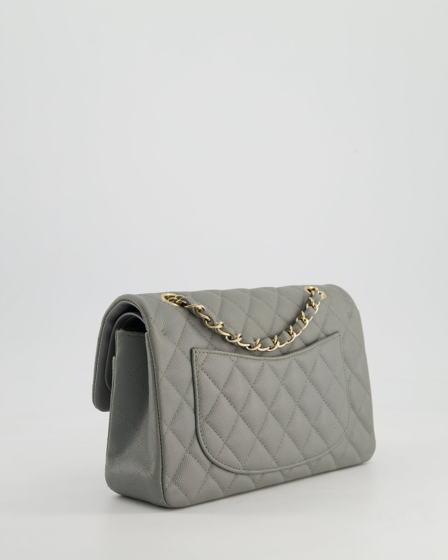 *HOT & RARE* Chanel Stone Grey Small Classic Double Flap Bag in Caviar Leather with Champagne Gold Hardware