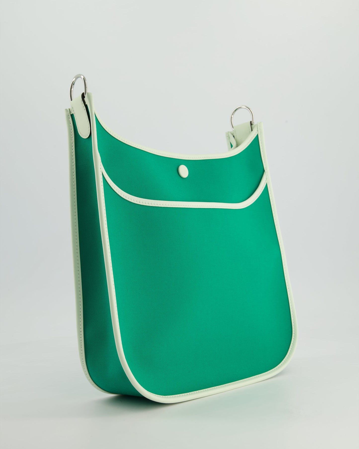 *NEW STYLE* Hermes Neo Evelyne 29cm in Menthe Canvas, Bleu Azteque Interior & Vert Fizz Swift Leather with Palladium Hardware